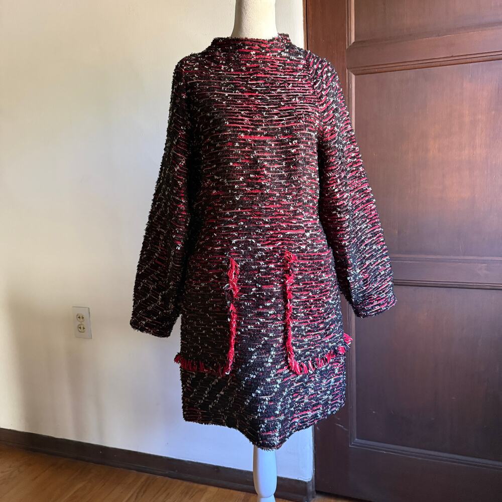 RODEBJER | Black and Red Tweed Mock Neck Sculpted Sleeve Mini Dress | Small